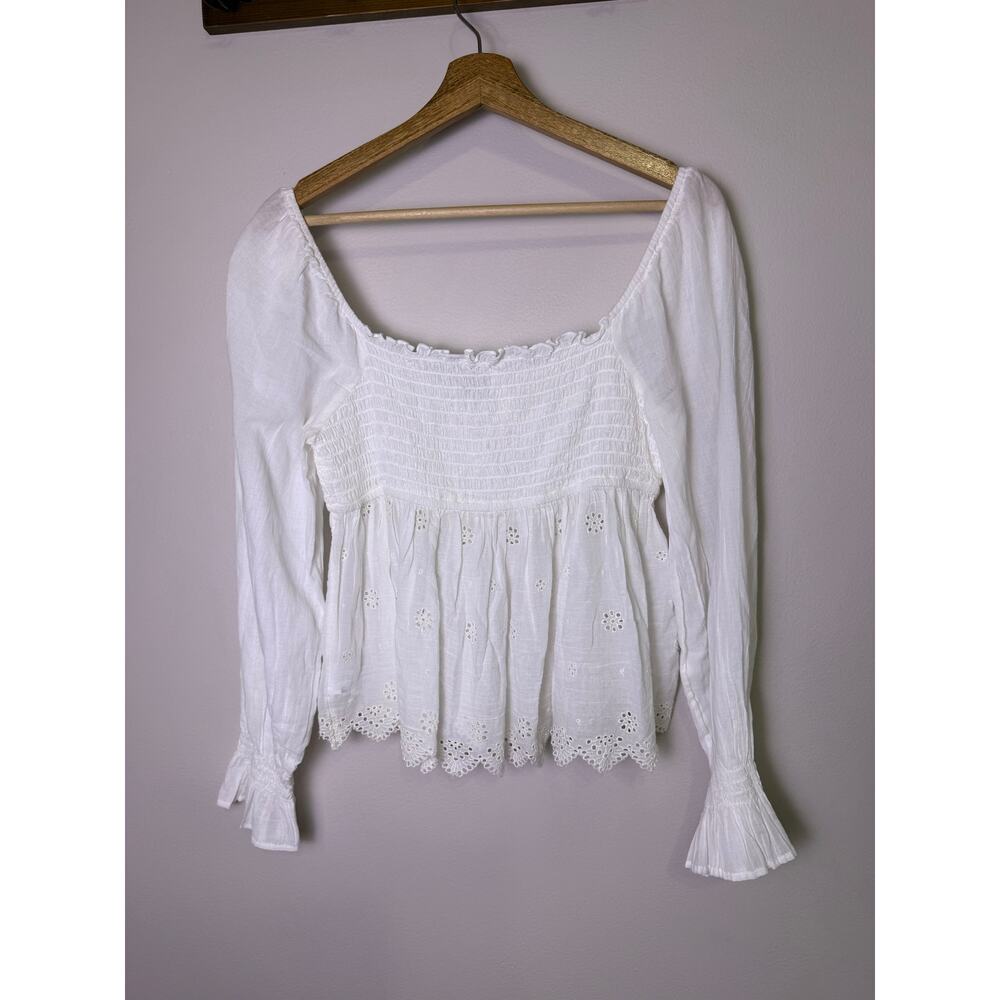 American Eagle White Smocked Eyelet Peplum Blouse Top Long Sleeve Medium - Picture 4 of 4